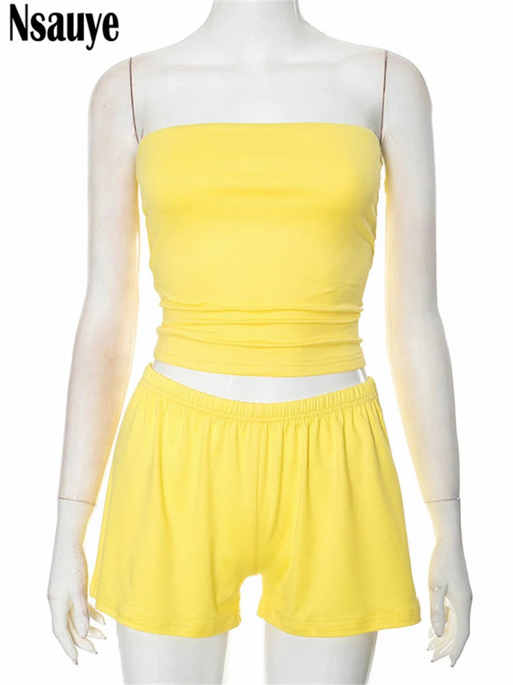 Nsauye Casual Women Tracksuit Loungewear Fashion Y2K Vest Strapless Crop Tops Summer Sexy Biker Mini Shorts Two Piece Set 2025
