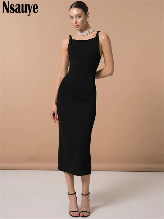 Nsauye Pullover Sexy Evening Party Elegant Dress Black Women Long New Fashion Summer Night Club Bodycon Casual Basic Dress 2025
