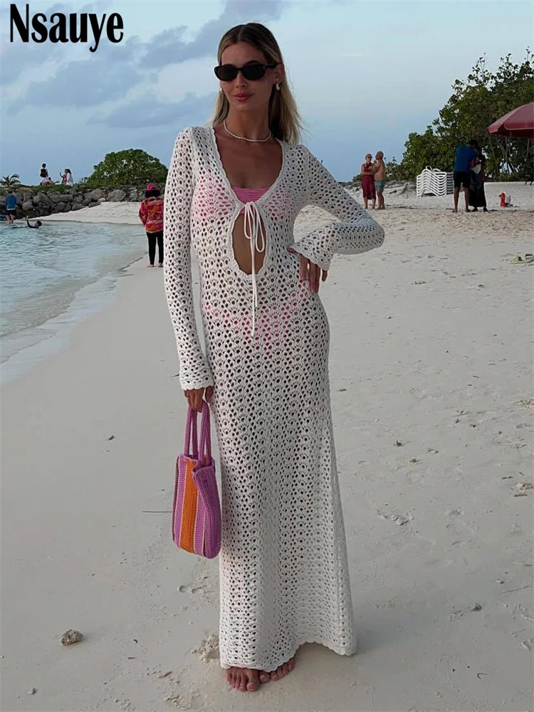 Nsauye Knitted Long Sleeve Women Sexy Beach Cover Up Summer Holiday Dress Hollow Out Party Evening Club Maxi Elegant Dress 2024