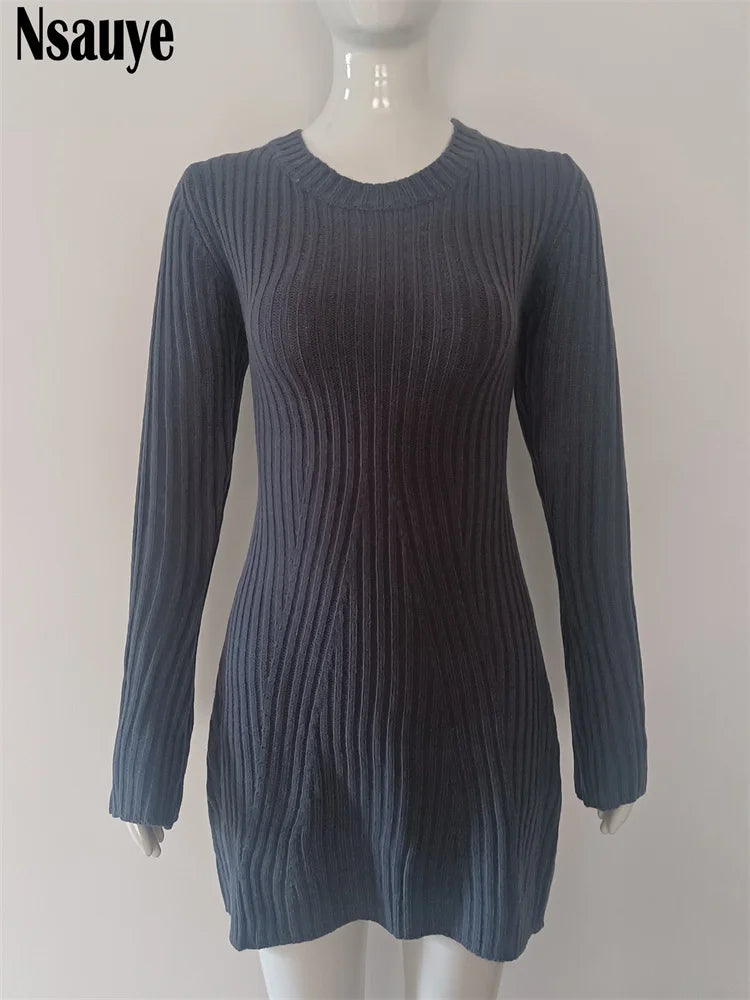Nsauye 2023 Winter Knitted Sweater Long Sleeve O Neck Warm Slim Mini Dress Fashion Elegant Women Party Ladies Pullover Dresses