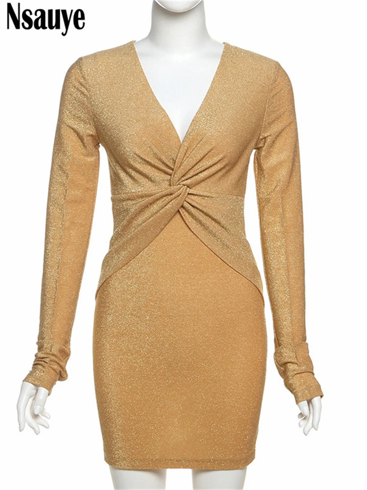 Nsauye 2025 Mini Long Sleeve Dress Sexy Evening Holiday Party Night Club Elegant Women Short Low Cut Out Dress Spring Summer