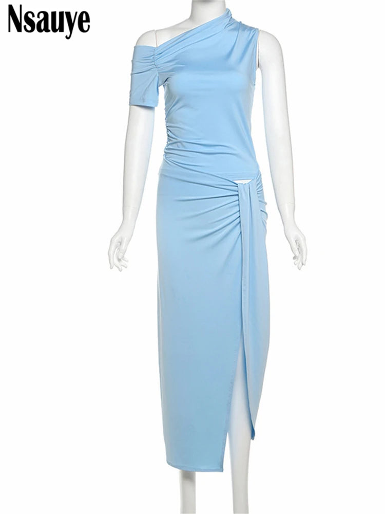 Nsauye Fashion One Shoulder Short Sleeve Long Dress Club Party Women 2025 Summer New Elegant Sexy Split Hollow Out Dresses