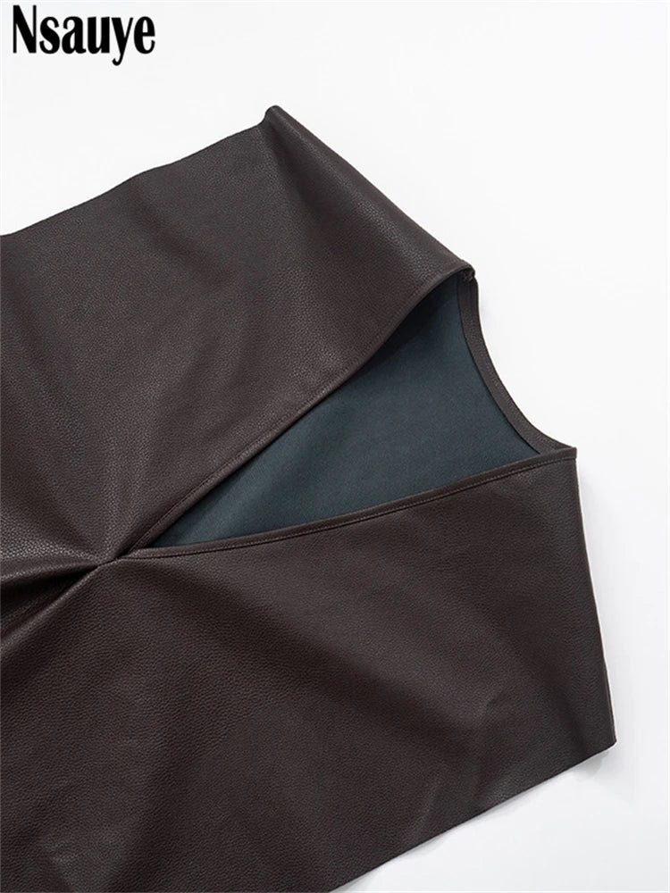 Nsauye 2025 Summer New Pullover Elegant Sexy Fashion Leather Night Club Short Dress Off Shoulder Evening Party Low Cut Out Dress