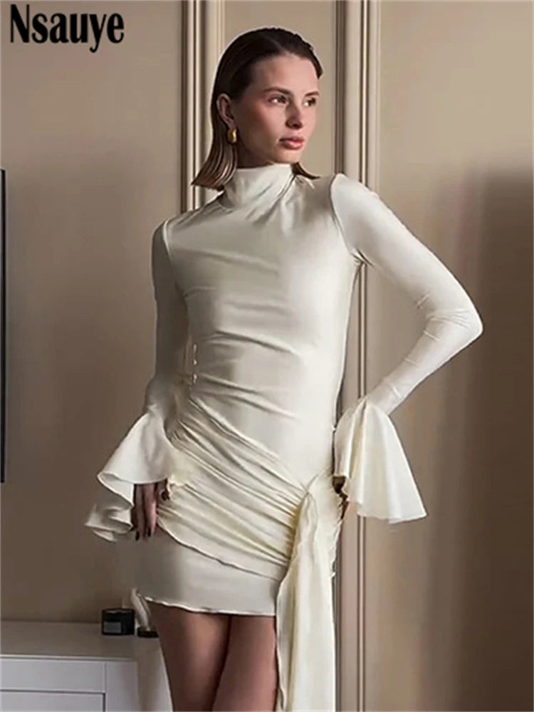 Nsauye 2024 Autumn Dress Chic Women New Fashion Elegant Wrap Mini Sexy Ruched Lace Up Party Night Club Dress Long Sleeve Clothes