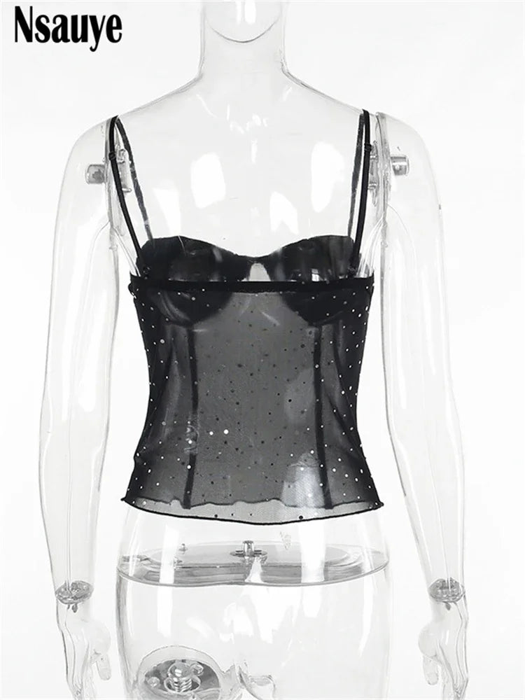 Nsauye Black See Through Mesh Camis Crop Tops Women Winter 2023 Y2K Clothes Sleeveless Sexy Tank Tops Aesthetic Tees Female