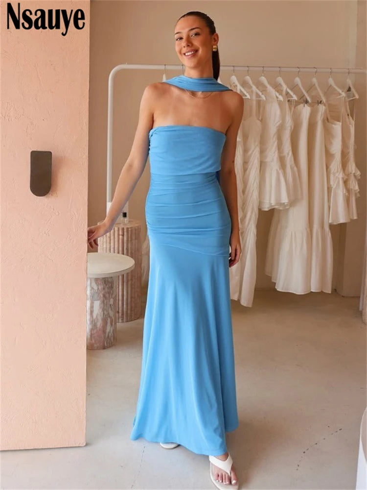 Nsauye Women Sexy Long Evening Party Night Club Bodycon Halter Dress New Fashion Summer Elegant Chic Maxi Dress Sleeveless 2025