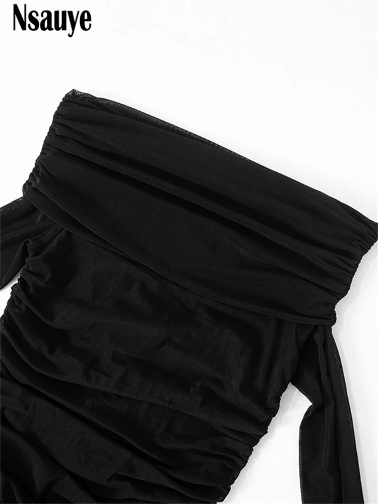 Nsauye Ruched See Through Mesh Solid Sexy Bodycon Maxi Long Dresses Autumn Women Clothing Long Sleeve Off Shoulder Party Dress