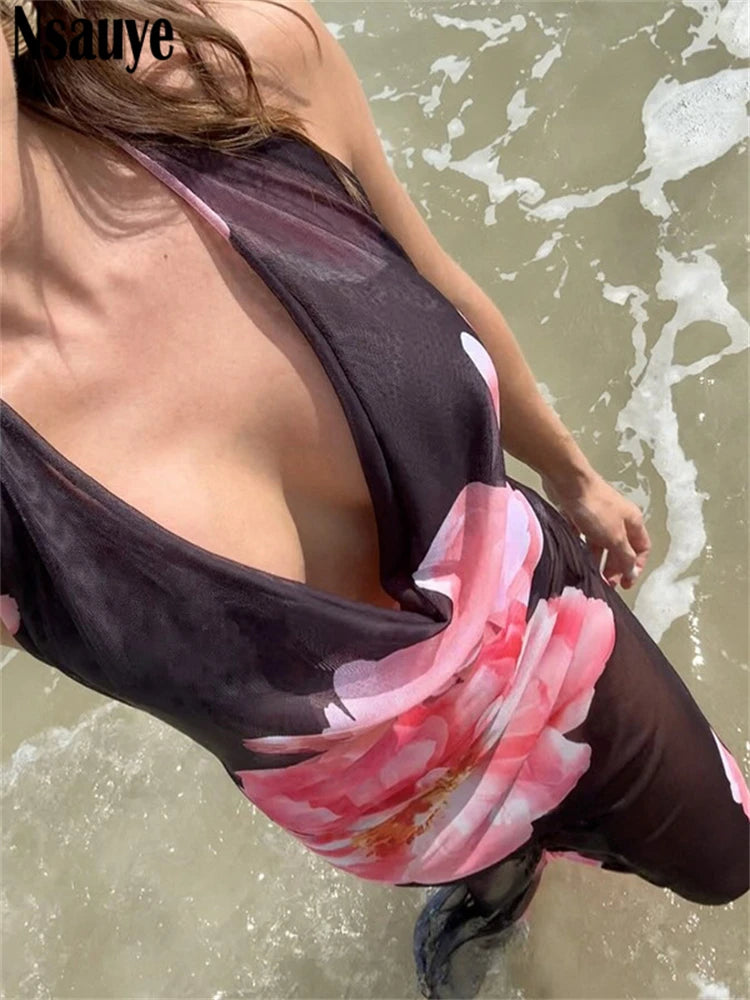 Nsauye New Fashion Women Summer Holiday Casual Beach Halter Floral Print Wrap Long Dress Maxi Sexy Party Evening Club Dress 2025