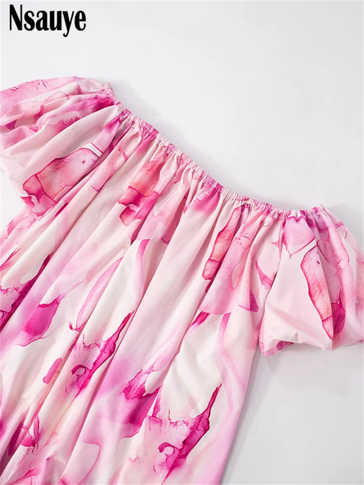 Nsauye 2025 Spring Summer Women Y2K Print Floral Off Shoulder Short Puff Sleeve Long Dresses Club Party Holiday A-Line Dress