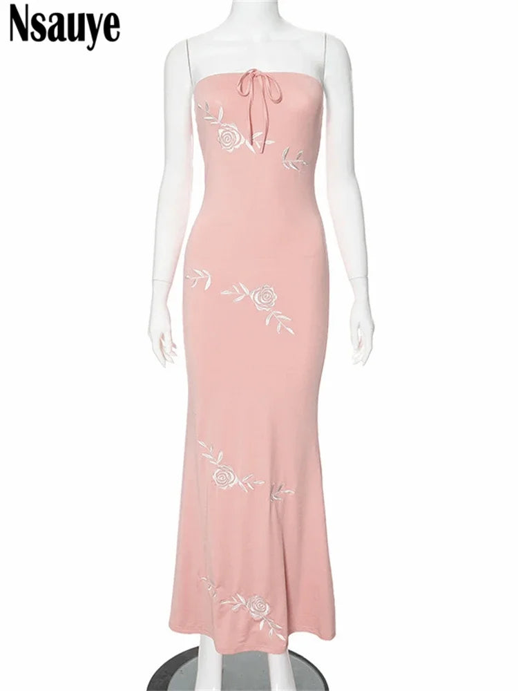 Nsauye Sexy Off Shoulder Fashion Elegant Maxi Bodycon Women Dress 2024 Summer Pink Evening Holiday Party Night Club Dress Maxi