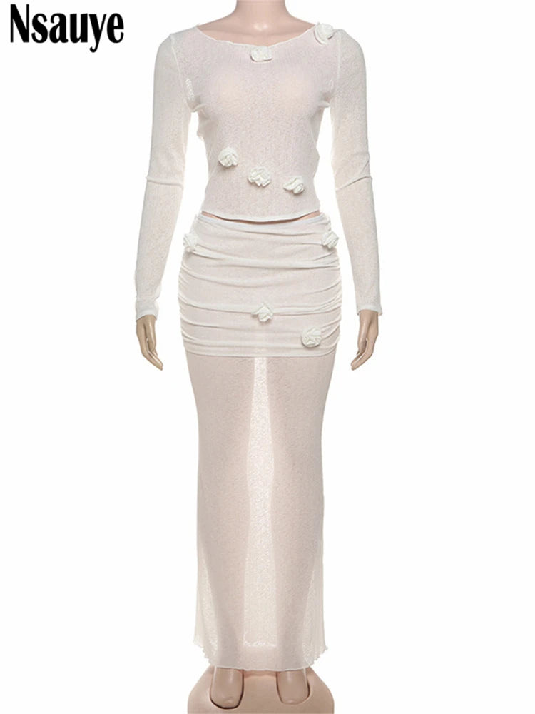Nsauye 2025 Summer Fashion Women Sexy Club Ribber Knitted Crop Tops Long Low Waisted Skirt Sexy New In Matching Two Piece Set