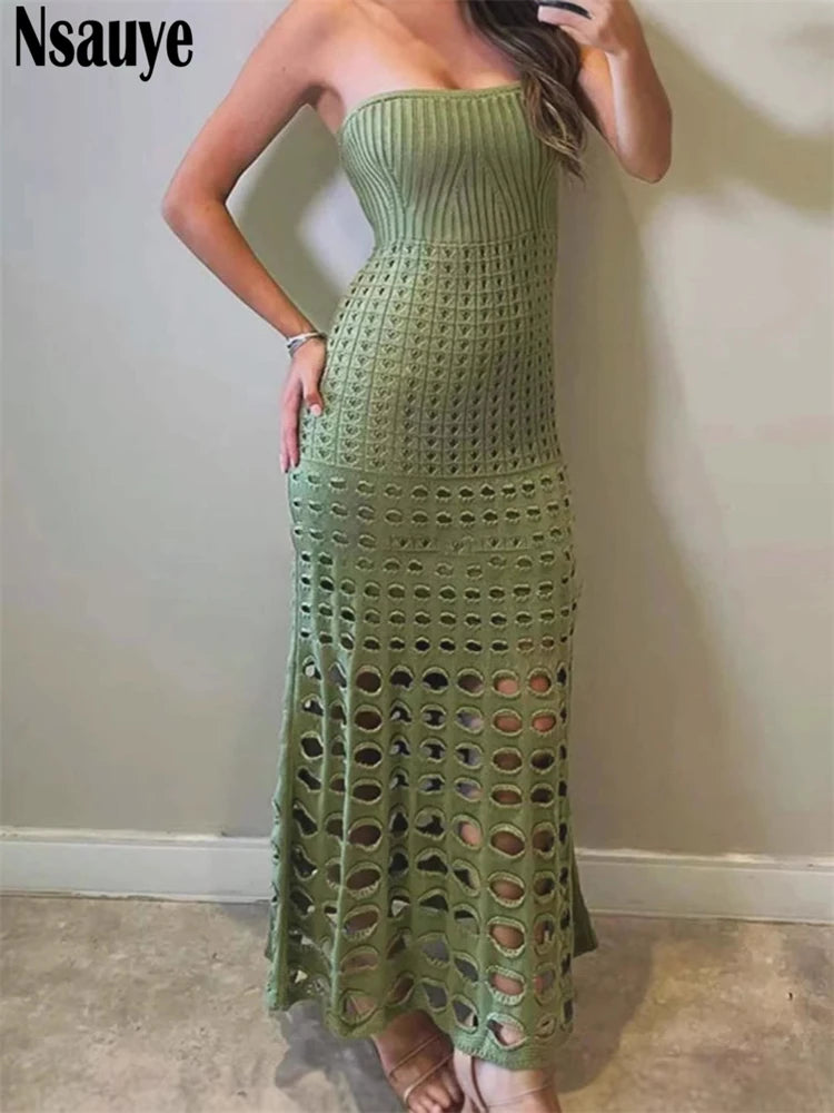 Nsauye Knitted Women Pullover Casual Strapless Fashion Beach Summer Dresses Long Hollow Out Evening Party Sexy Club Dress 2025