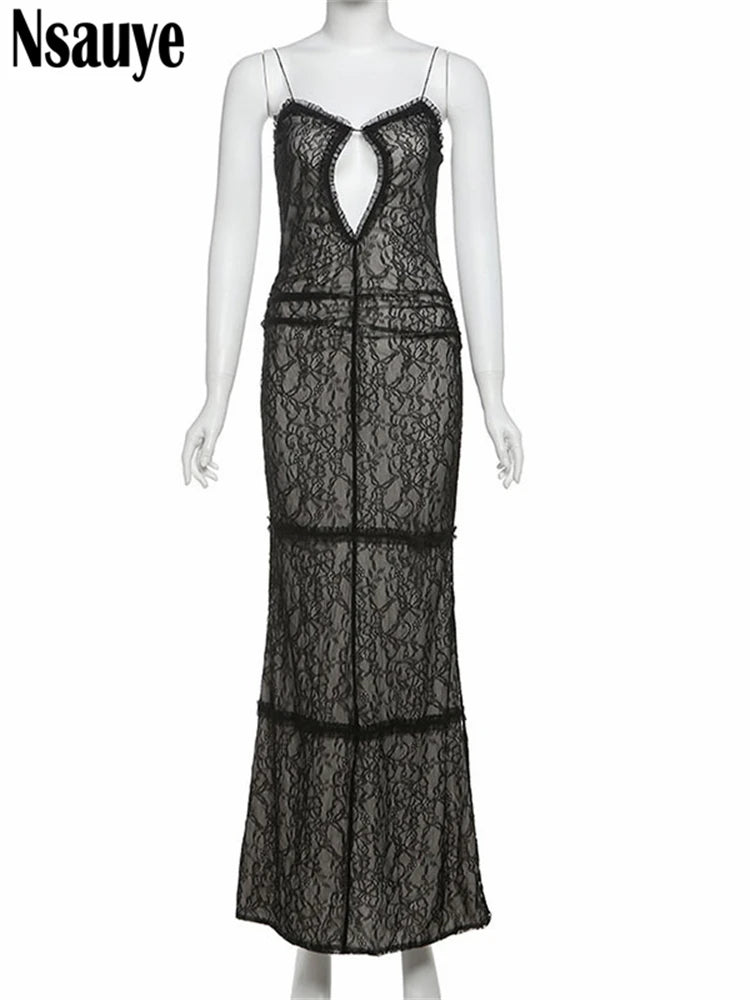 Nsauye Women Spaghetti Strap Sleeveless Long Bodycon Dresses Sexy Lace Hollow Out Party Evening Lady Maxi Dress Summer 2025