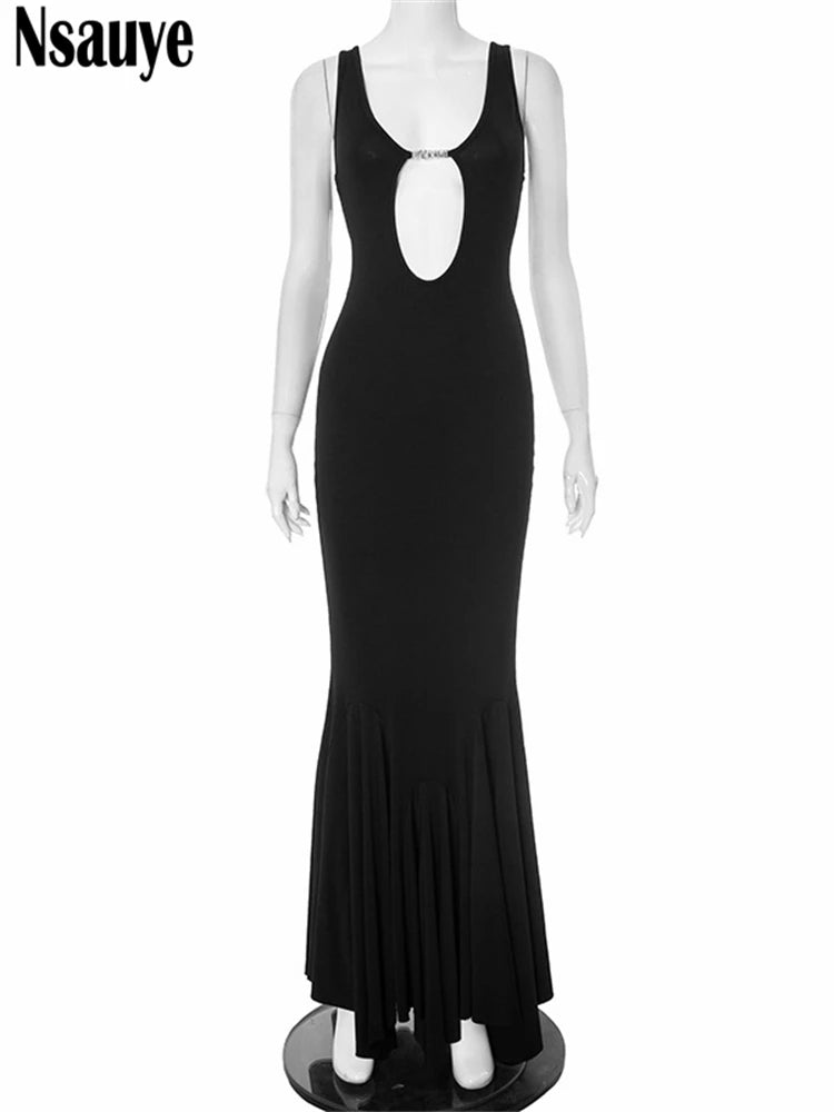 Nsauye Evening Dress Fashion Long Women Halter Sexy Party Elegant Night Club Hollow Out Wrap Black Summer Dress Clothes 2025