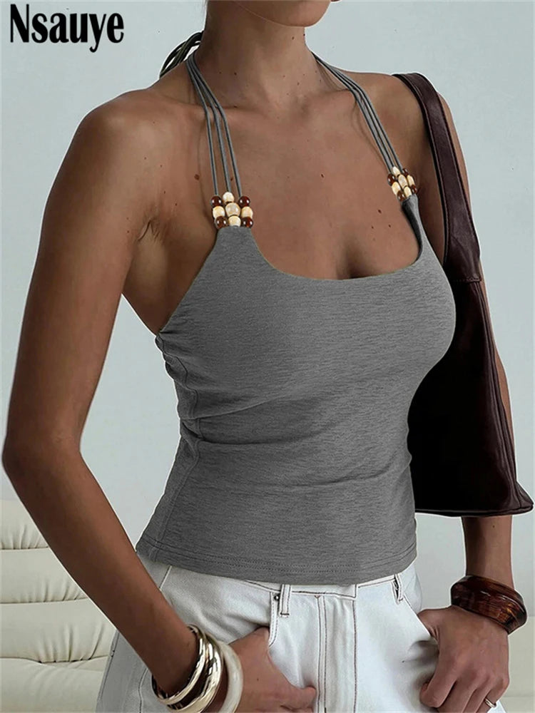 Nsauye Sexy Women Skinny Halter Night Club High Streetwear Beading Camis Tank Tops Casual Summer Y2K Crop T Shirt Tops 2025