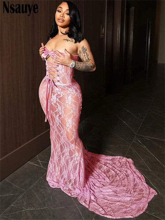Nsauye Sexy Women Lace Up Fashion Hollow Out Elegant Corset Dress 2024 Winter Sleeveless Tube Maxi Long Club Party Holiday Dress