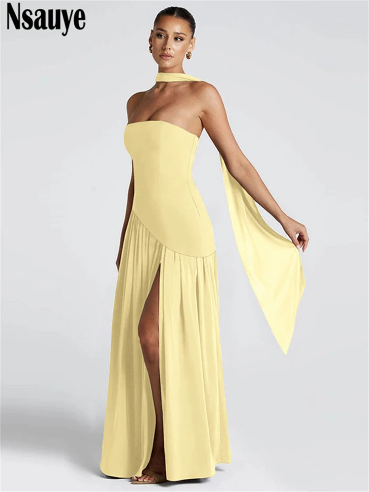 Nsauye Strapless Women Long Elegant Sexy High Split Halter Fashion Evening Dress Party Night Club Summer Off Shoulder Dress 2025