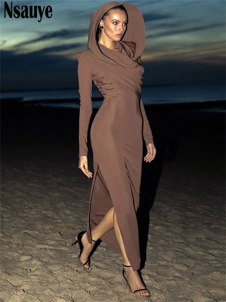 Nsauye Women Casual Basic Long Sleeve Women Y2K Sexy Club Hoodies Dress Maxi Winter 2024 Evening Party Elegant Fashion Dress