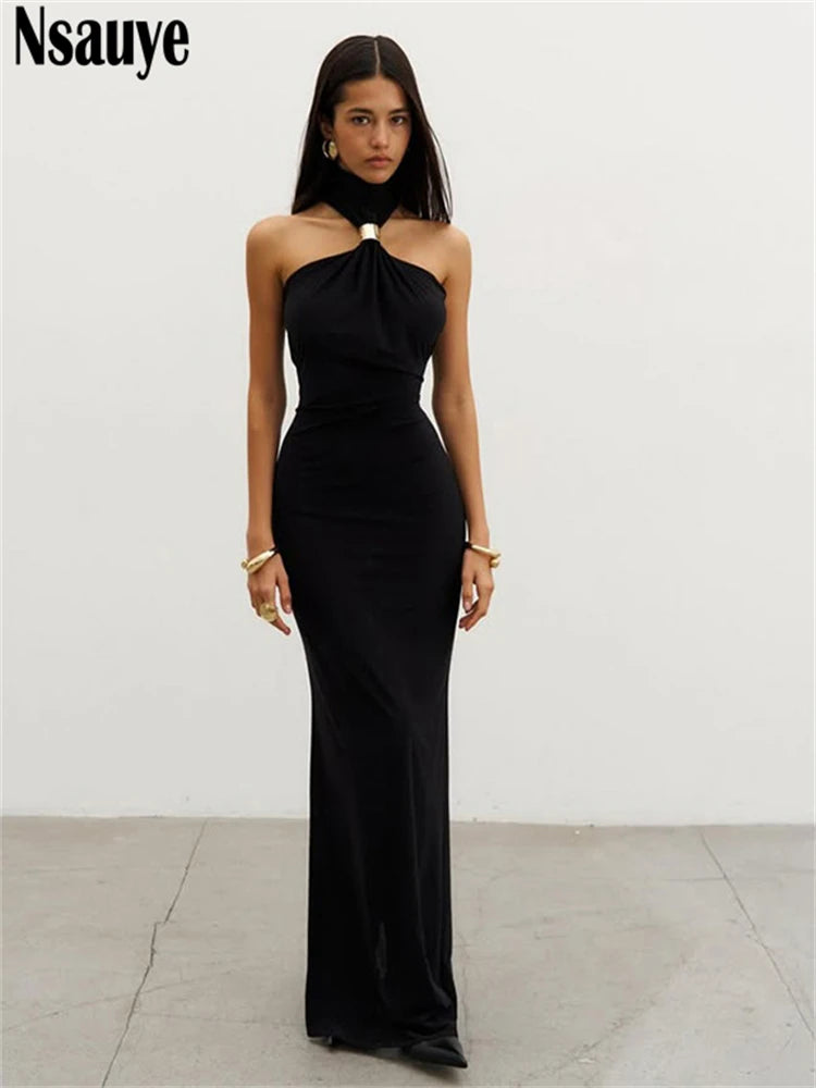 Nsauye Women Sexy Night Club Halter Sleeveless Evening Party Long Dress Summer Off Shoulder Elastic Fashion Elegant Dress 2025