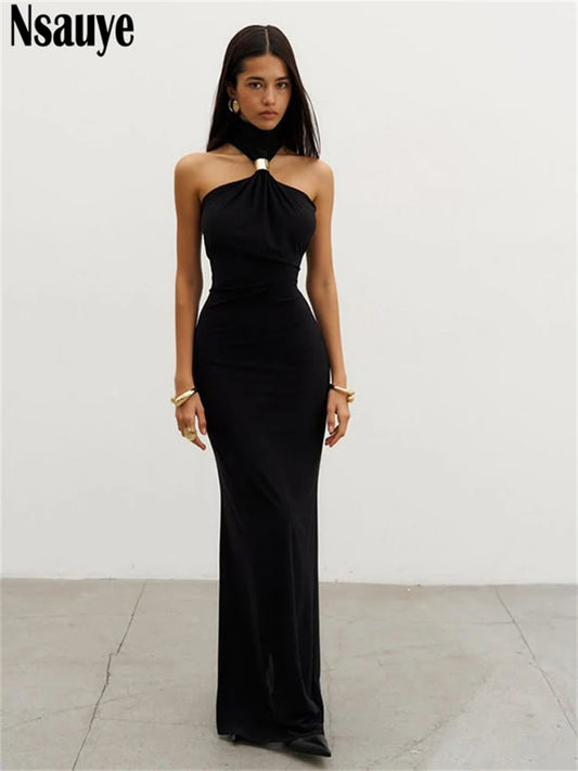Nsauye Women Sexy Night Club Halter Sleeveless Evening Party Long Dress Summer Off Shoulder Elastic Fashion Elegant Dress 2025