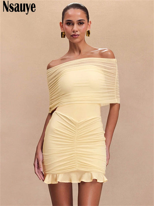 Nsauye 2025 Solid Off Shoulder Sleeveless Pleated Mini Bodycon Dresses Club Party Evening Ruffles Women Outfits Dress Vestidos