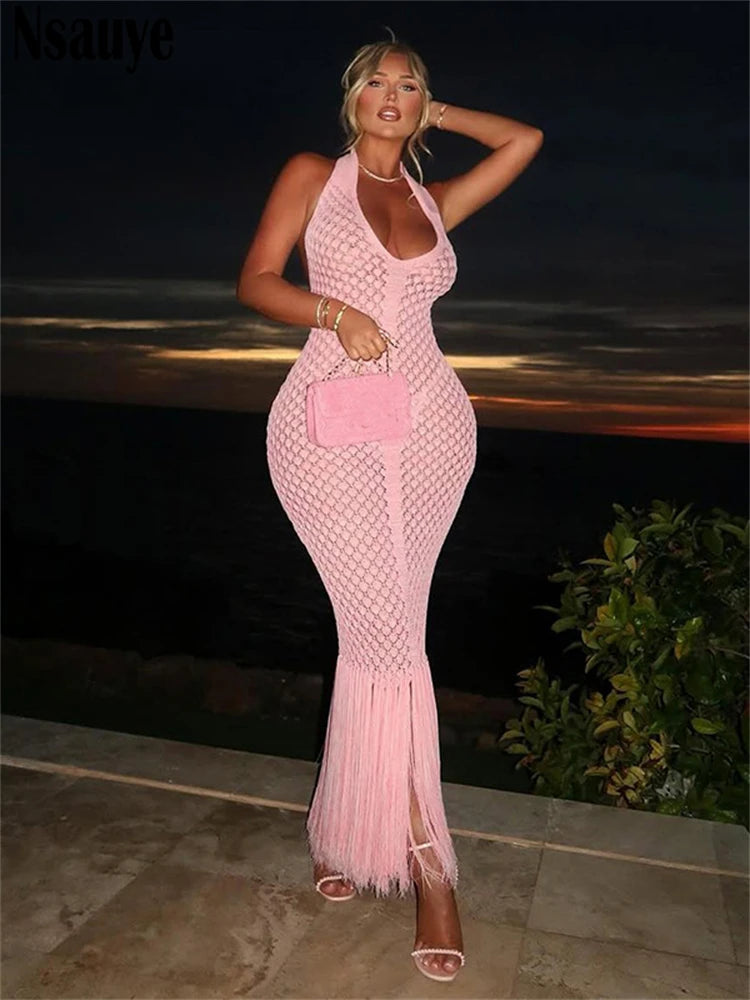 Nsauye Sexy Backless Women Evening Party Club Tassel Hollowed Out Elegant Dress Casual Beach Summer 2025 Long Knitted Dresses