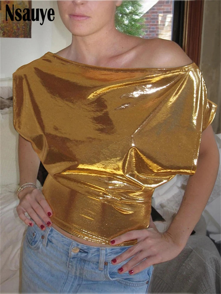 Nsauye New Summer Retro Slash Neck Bright Party Crop Top Women Clothing Y2K 2025 Glitter Evening Off Shoulder Tank Tops Sexy