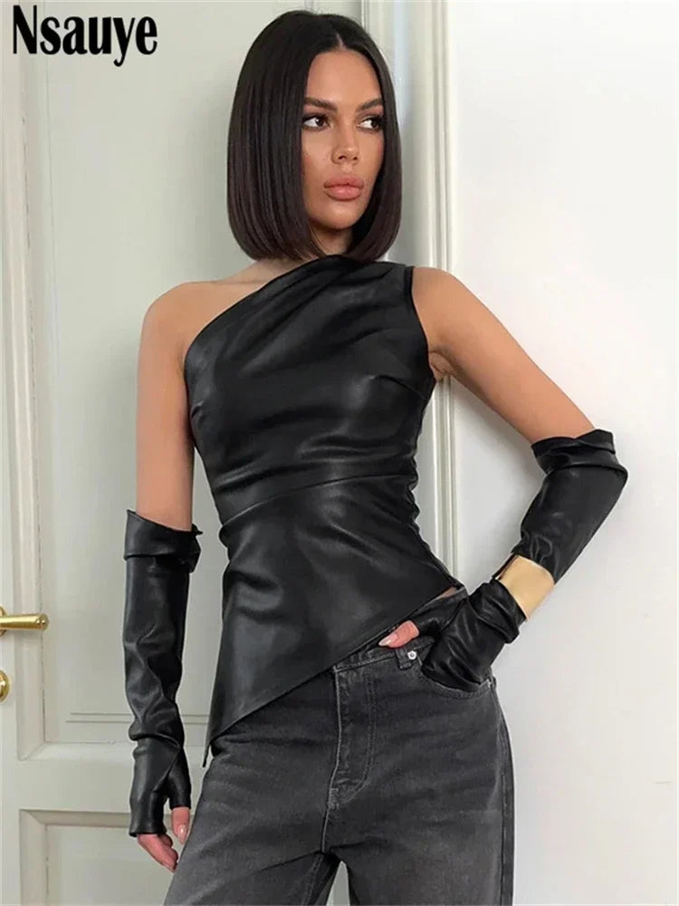 Nsauye Blacck Y2K Streetwear Fashion Women Clothes PU Leather Summer Crop Top Sexy Club Skinny Asymmetric T Shirt Tank Tops 2024