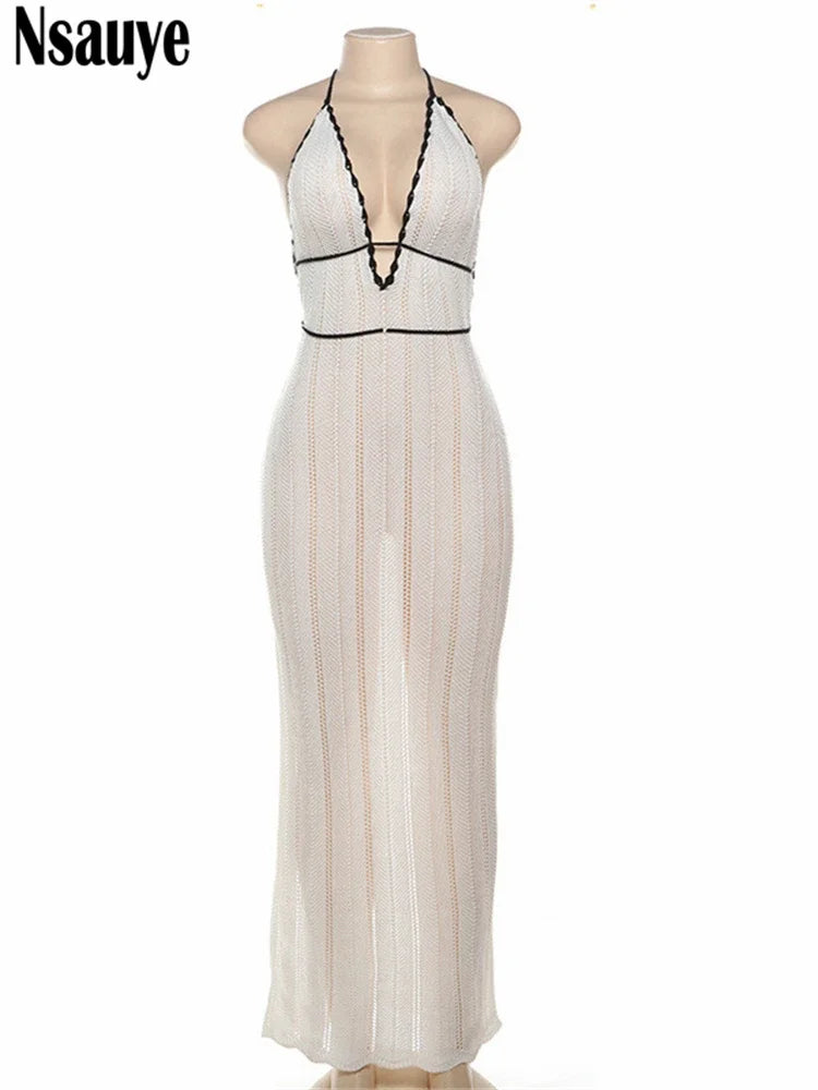 Nsauye Casual Knitted Women Halter Fashion Maxi Hollow Out Dress Summer Beach Long Sexy Backless Party Birthday Club Dress 2024