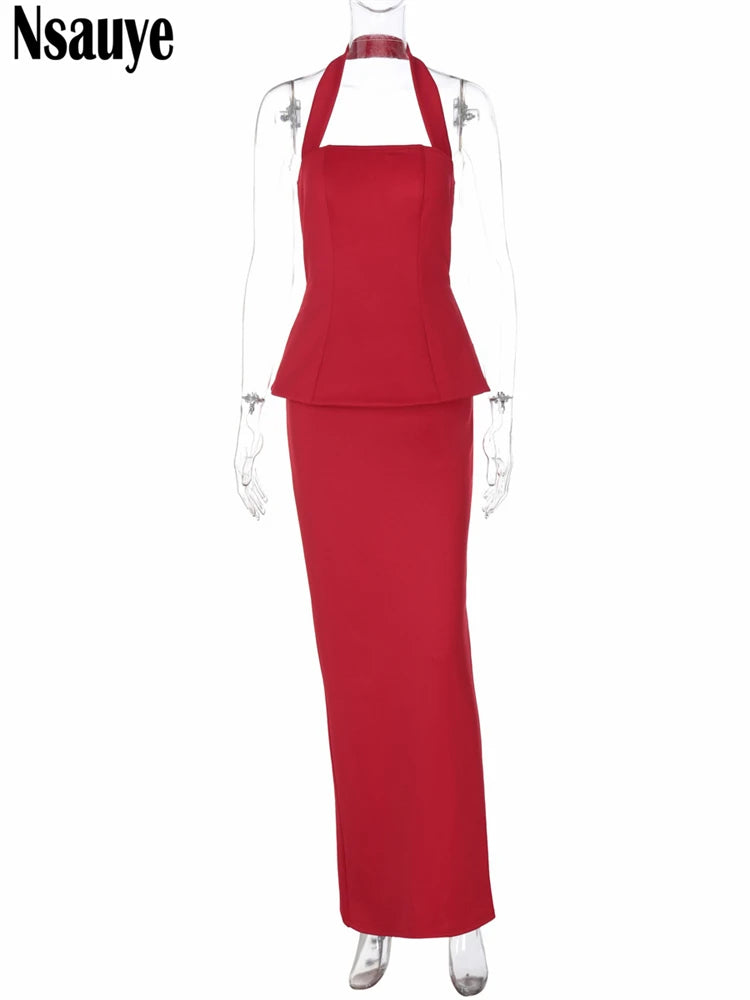 Nsauye 2025 New Fashion Women Elegant Sexy Skirt Two Piece Set Halter Crop Tops Night Club Evening Party Long Wrap Set Outfits