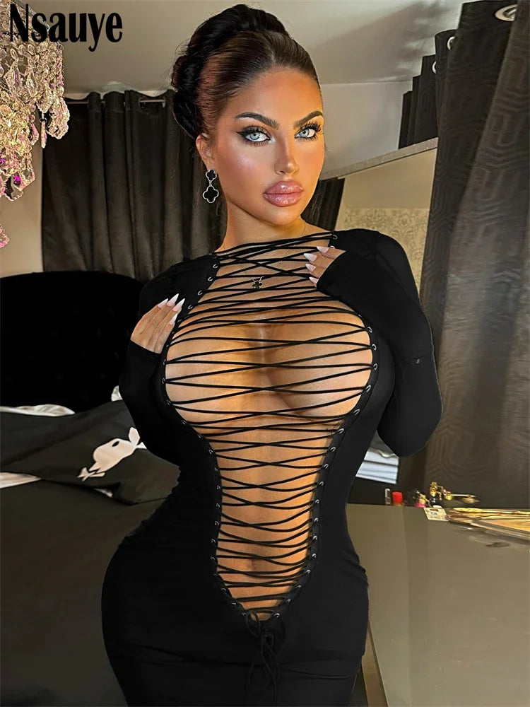 Nsauye 2024 Winter Sexy Skinny Hollow Out Y2K Black Streetwear Fashion Mini Dress Club Party Bodycon Gothic Women Dress 2024