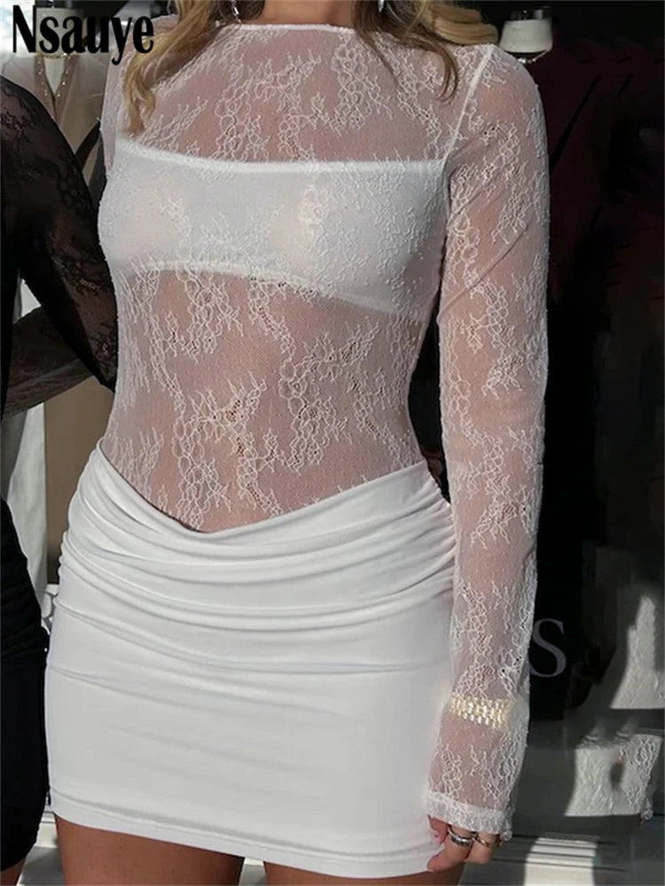 Nsauye Black Dress Women Elegant Long Sleeve Summer New Fashion Sexy Lace See Through Party Evening Club Mini Wrap Dress 2024