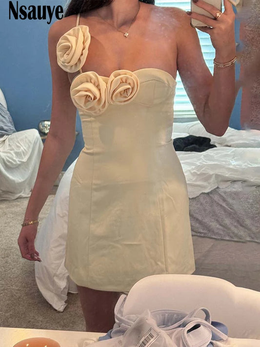 Nsauye Sexy Backless Mini Dresses Women Summer 2025 Sleeveless Strap Flower Solid Bodycon Dress Party Club Evening New Vestidos