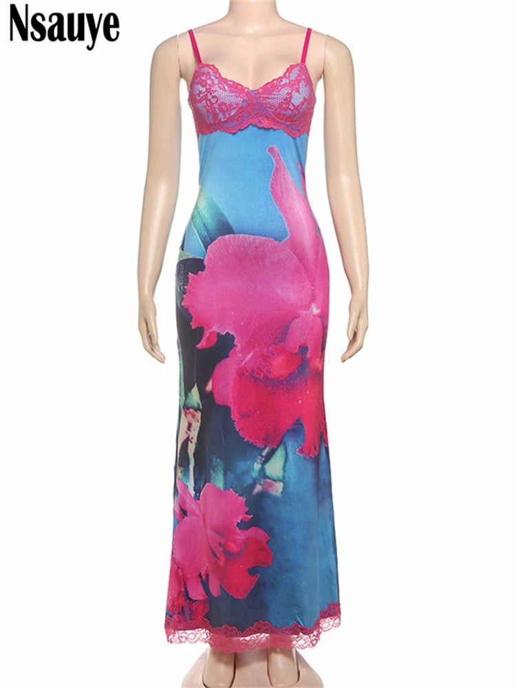 Nsauye Elegant Lace Patchwork Women Sexy Flowers Print Fashion Bodycon Party Dress 2025 Summer Clothes Evening Night Club Dress