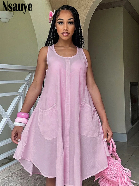 Nsauye 2025 Summer Women A-Line Loose Fashion Sexy Club Evening Party Dress Short Pink Pullover Casual Tank Vest Dress Outfits