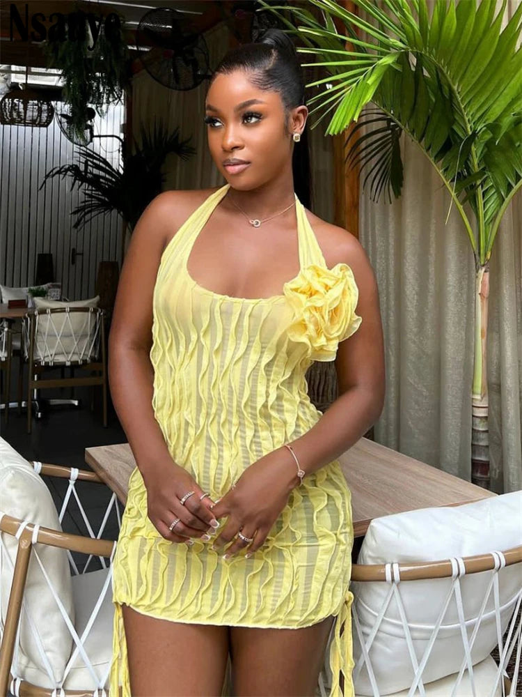 Nsauye Summer Beach Sexy Holiday Mini Halter Ruched Dress New Fashion Women Evening Party Night Club Elegant Striped Dress 2025