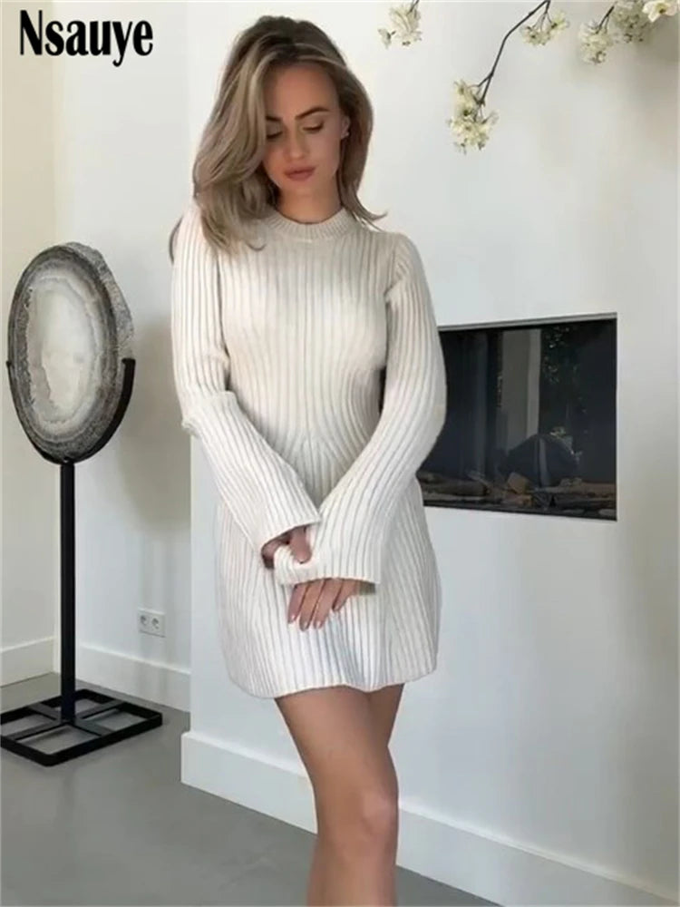 Nsauye 2023 Winter Knitted Sweater Long Sleeve O Neck Warm Slim Mini Dress Fashion Elegant Women Party Ladies Pullover Dresses