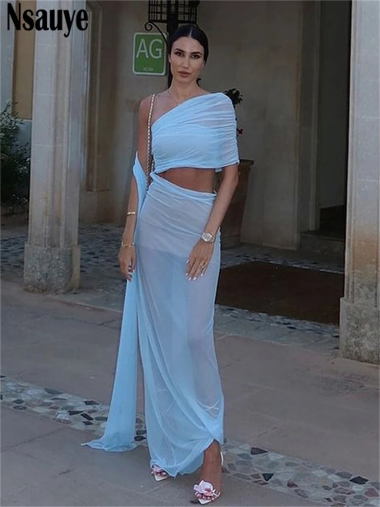 Nsauye Women Sexy Evening Holiday Party Night Club Long Mesh See Through Dress Maxi Bodycon Wrap New Fashion Elegant Dress 2025