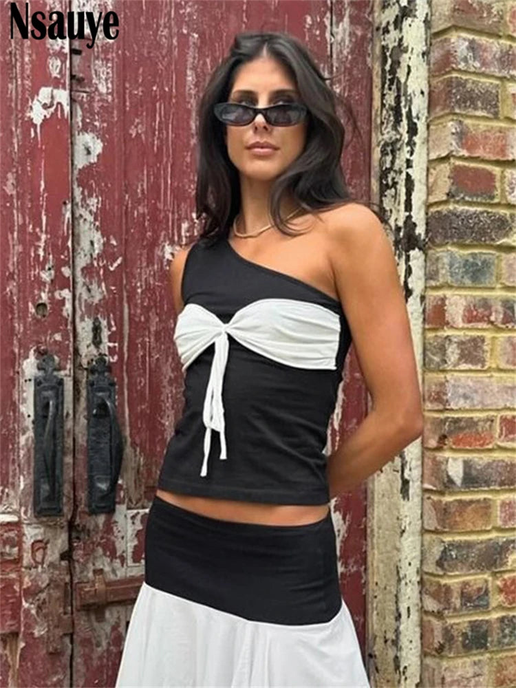 Nsauye One Shoulder Sleeveless Bow Fashion Crop Top Sexy Club Sexy Women Y2K Clothes 2025 Backless Tank Tops Female Streetwear