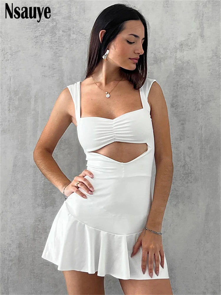 Nsauye 2025 Spring New Strap Sleeveless Hollow Out Bandage Backless A-Line Dress Club Party Women Elegant Sexy Dresses Vestidos
