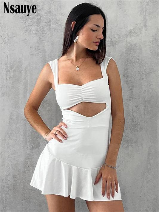 Nsauye 2025 Spring New Strap Sleeveless Hollow Out Bandage Backless A-Line Dress Club Party Women Elegant Sexy Dresses Vestidos
