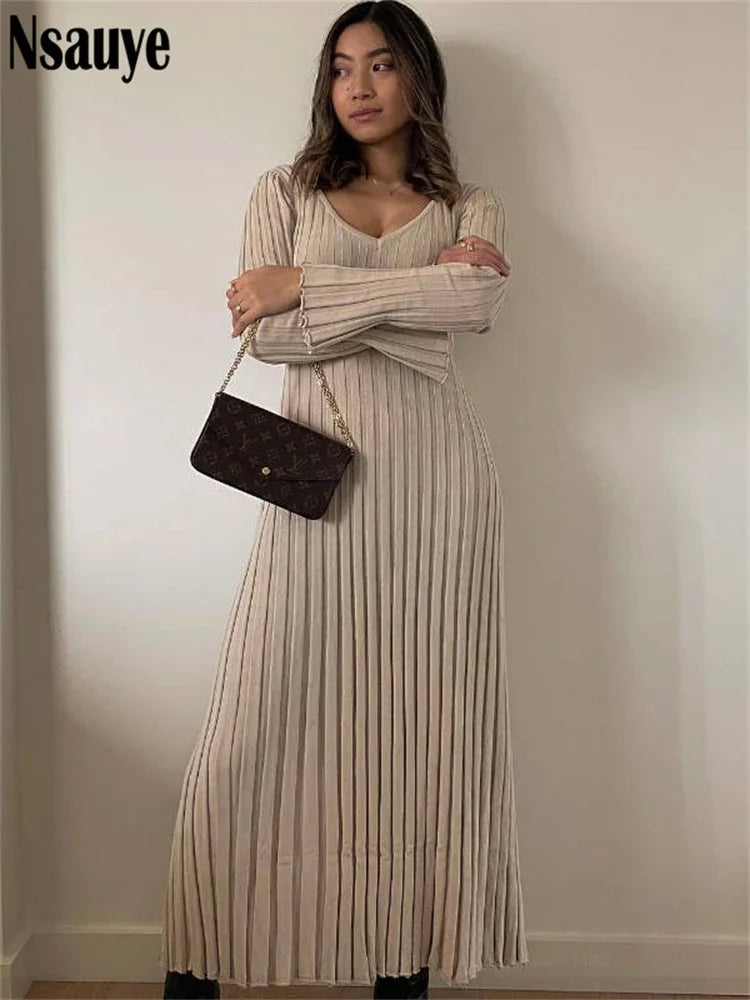 Nsauye Knitted Dresses For Women 2022 Autumn Winter Elegant Pleated Long Dresses Long Sleeve V Neck Casual Slim White Maxi Dress