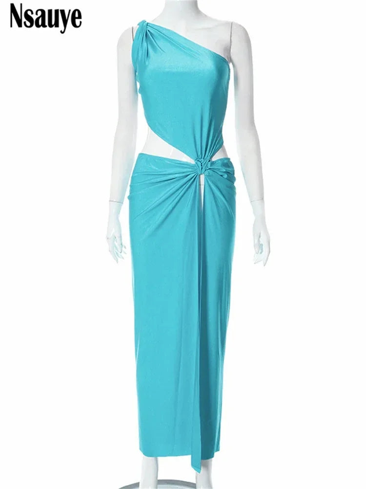 Nsauye One Shoulder Women Sexy Bodycon Party Evening Night Club Fashion Holiday Maxi Dress Summer 2023 High Split Backless Dress