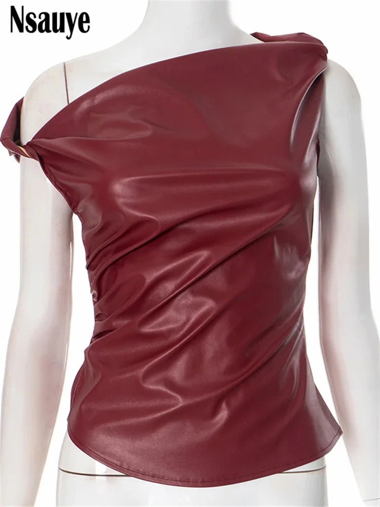 Nsauye PU Leather Sleeveless Irregular Tank Tops Sexy Club Fashion Women Fashion Off Shoulder Y2K Crop Tops Streetwear 2024