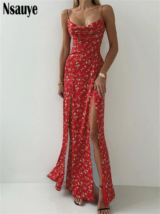 Nsauye Women Summer Sexy Floral Print Bodycon Lady Sleeveless Long Backless Dresses Spaghetti Strap Split Vestidos Elegant Party