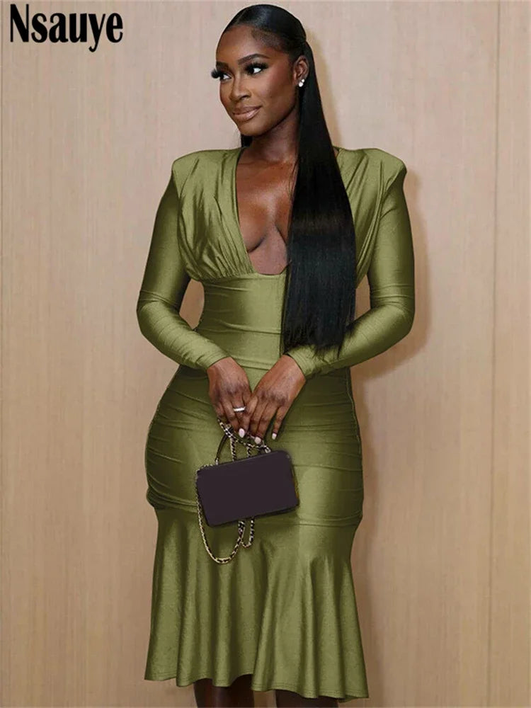 Nsauye Sexy Elegant Ruched Midi Bodycon Long Sleeve Party Dress V Neck Fashion Sexy Night Club Autumn Dress Women Clothes 2024