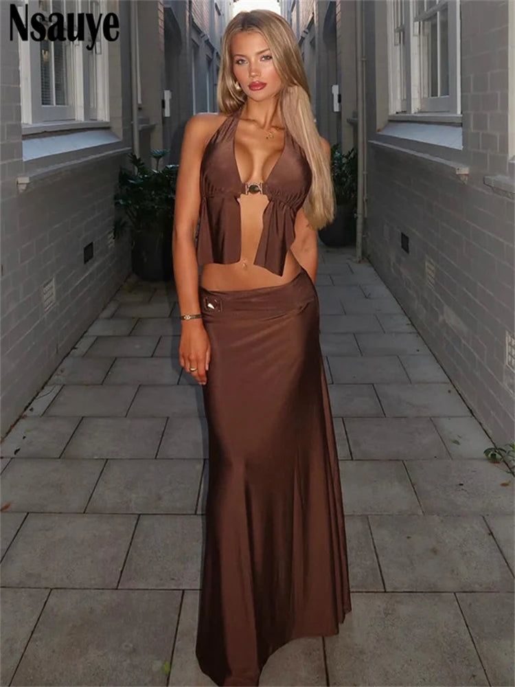 Nsauye Chic Women Slim Halter Summer Mini Crop Tops Long Maxi High Waisted Party Sexy Dress Club Skirt Two Piece Set 2025 Summer
