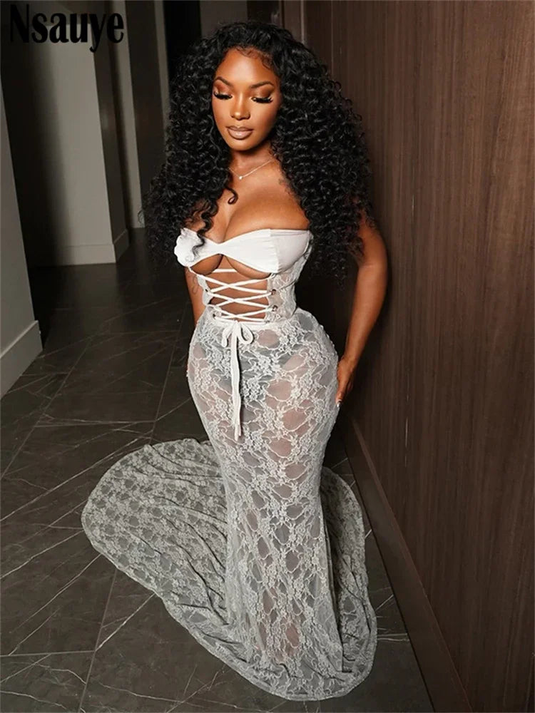 Nsauye Sexy Women Lace Up Fashion Hollow Out Elegant Corset Dress 2024 Winter Sleeveless Tube Maxi Long Club Party Holiday Dress