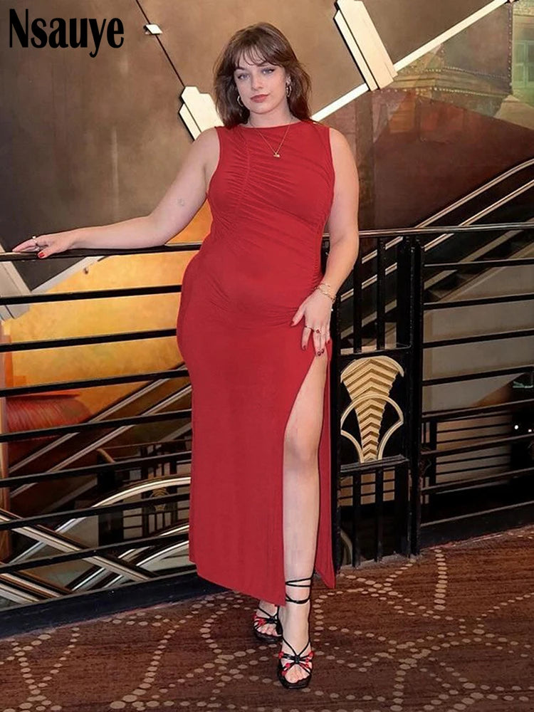 Nsauye Summer Ruched Sleeveless Cut Out Pullover Long Bodycon Dresses For Women Clothing 2025 High Split Off Shoulder Dress