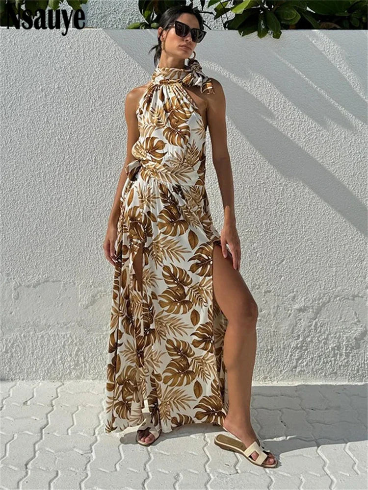 Nsauye Sexy Women Halter Backless Vintage Flowers Leaf Printed Dress 2025 Casual Holiday Summer Beach Sexy Party Long Club Dress